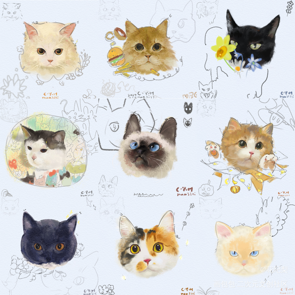 小猫9图_插画接稿猫摸鱼板绘绘画绘画作品