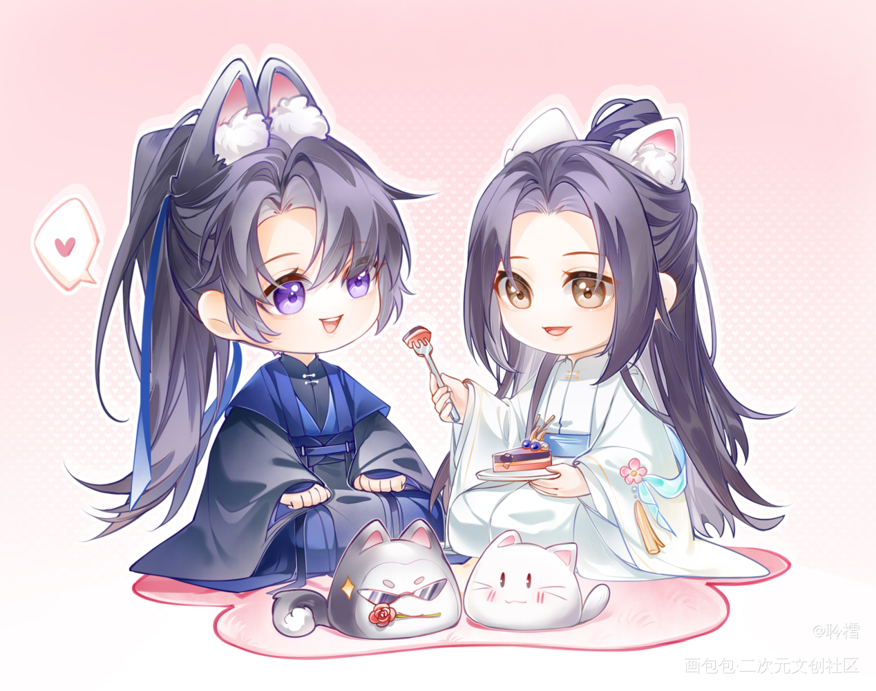 狗狗猫猫吃蛋糕_二哈和他的白猫师尊燃晚墨燃楚晚宁绘画作品