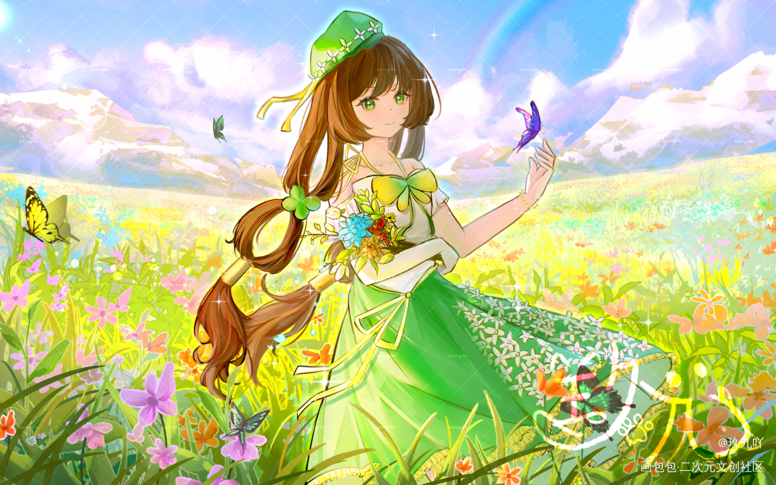 少女拈花浅笑，指尖轻触蝶翼_日系插画绘画作品