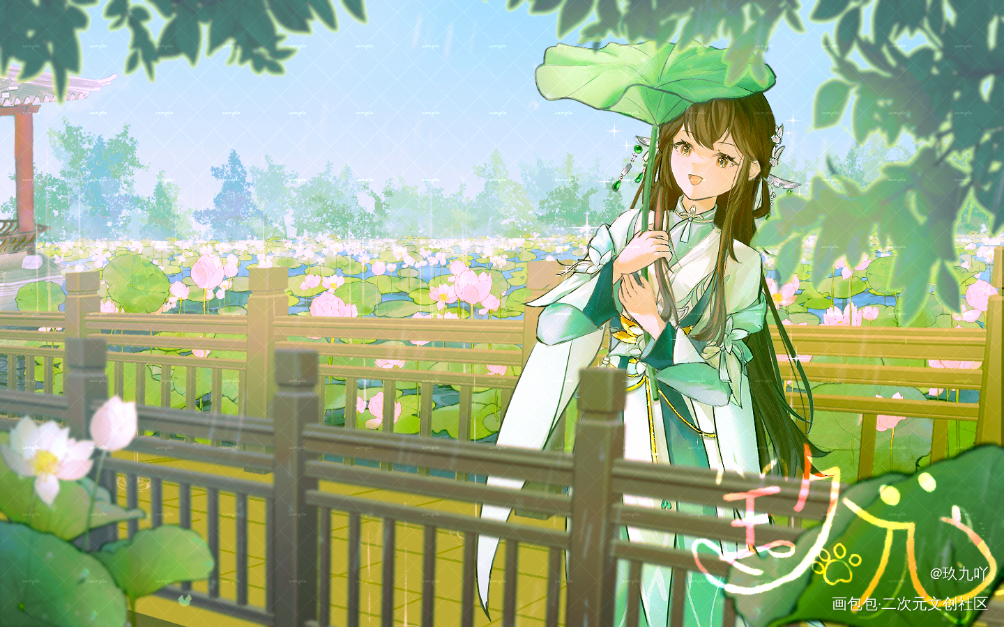 少女执荷掩微雨，浅笑盈盈立小桥_花亦山心之月郡主绘画作品