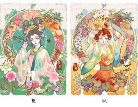 穆夏风格的四季图_绘画作品