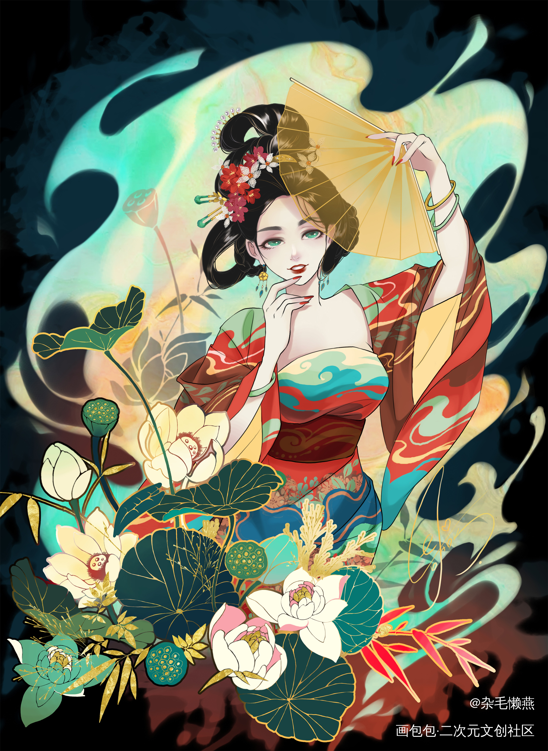 翎扇花摇_绘画作品