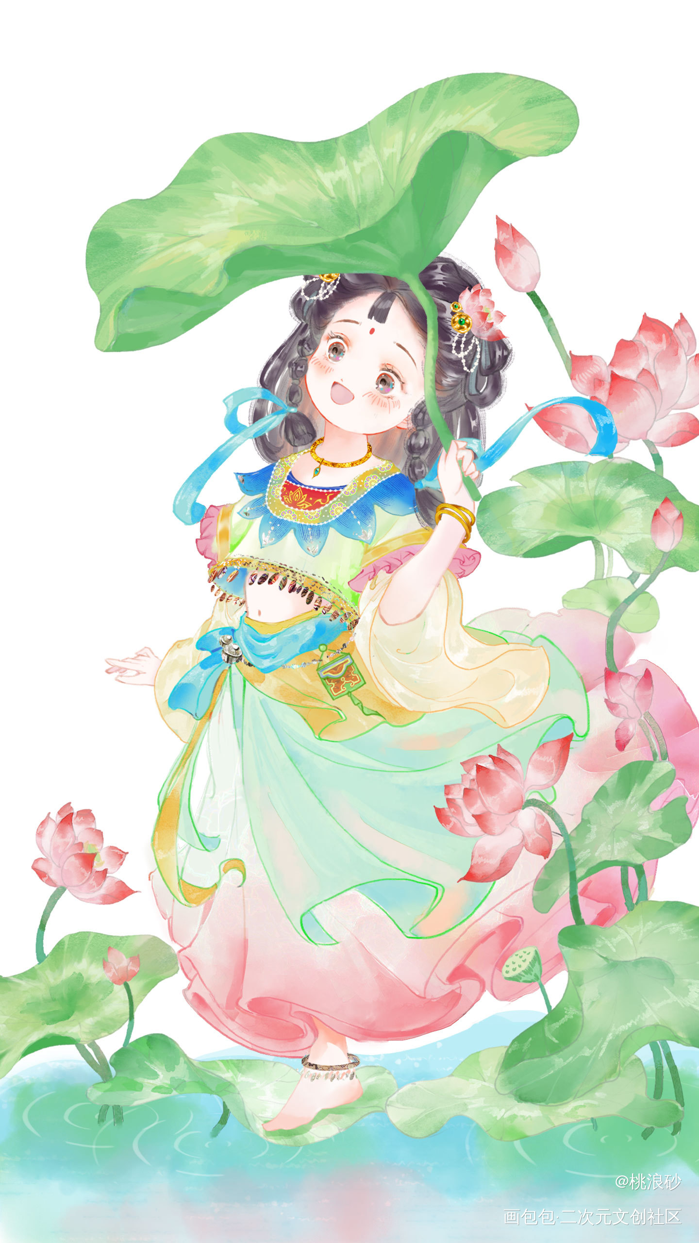荷花少女_可商用插画古风水彩Q版绘画作品