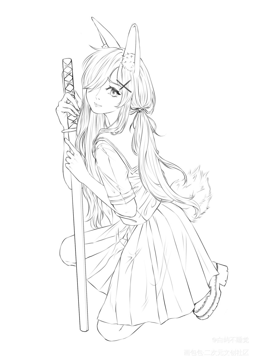 摸鱼_美少女线稿兽化速写绘画作品