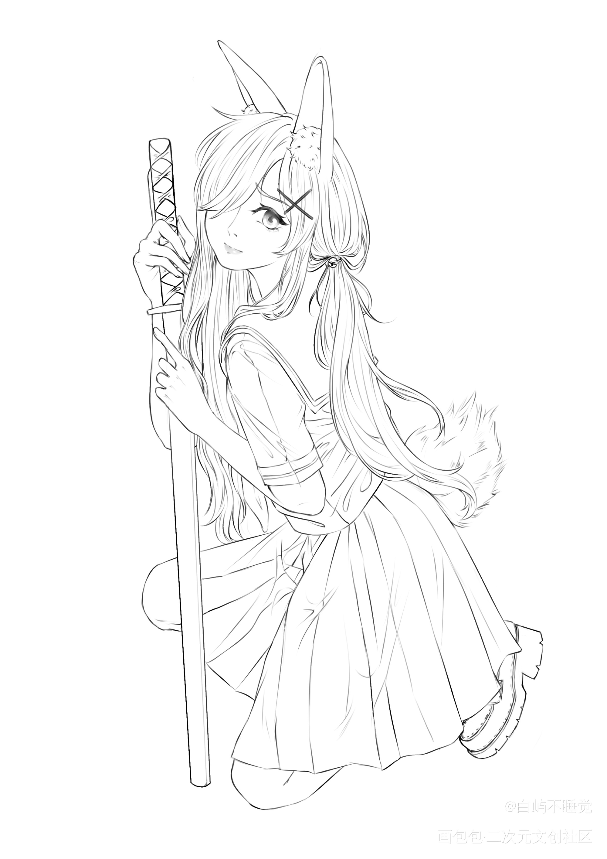 摸鱼_美少女线稿兽化速写绘画作品