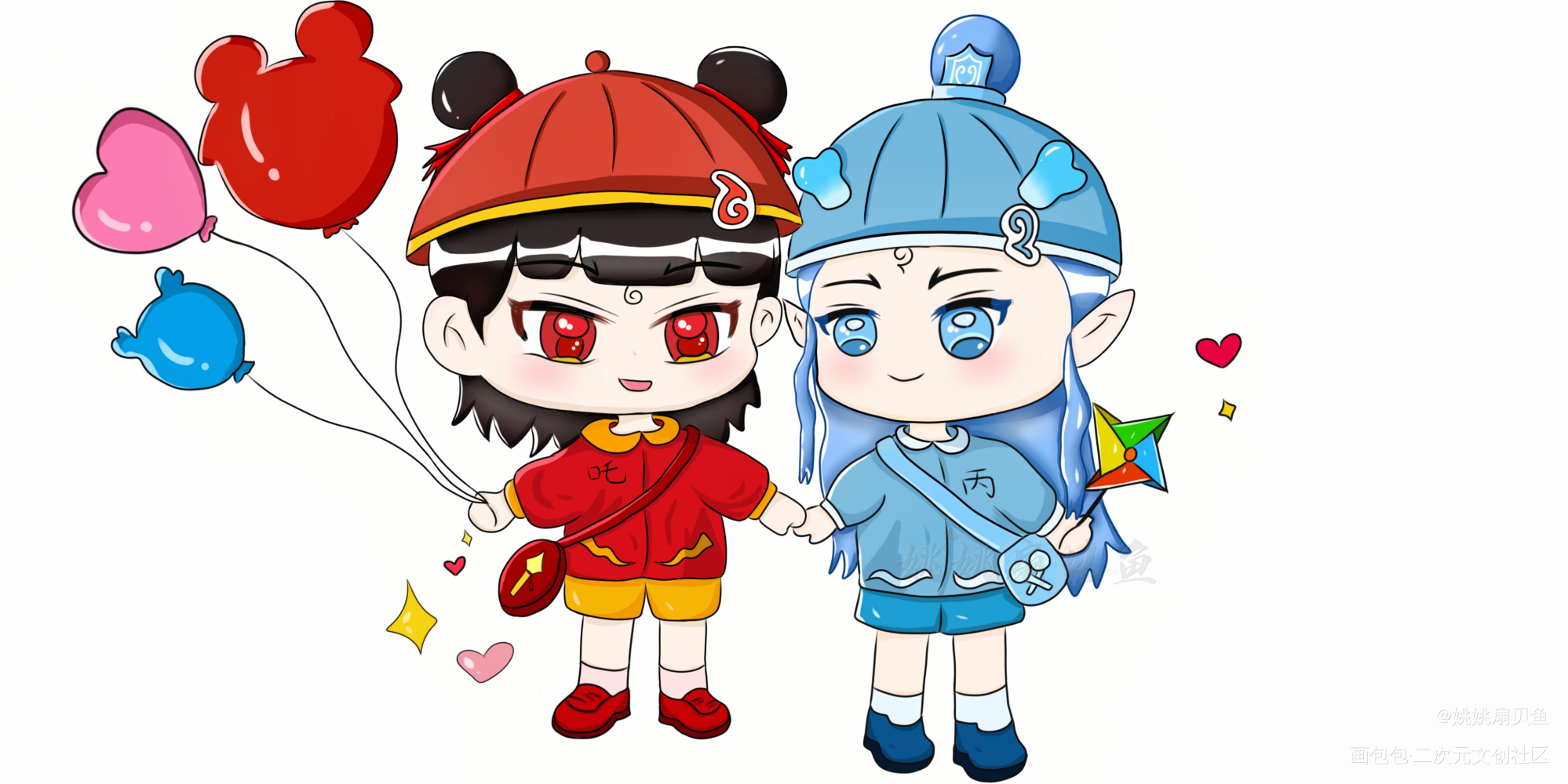 藕饼两个小朋友_哪吒之魔童降世哪吒敖丙哪吒之魔童闹海敖丙·哪吒之魔童降世藕饼哪吒，敖丙敖丙哪吒绘画作品