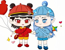 藕饼两个小朋友_绘画作品