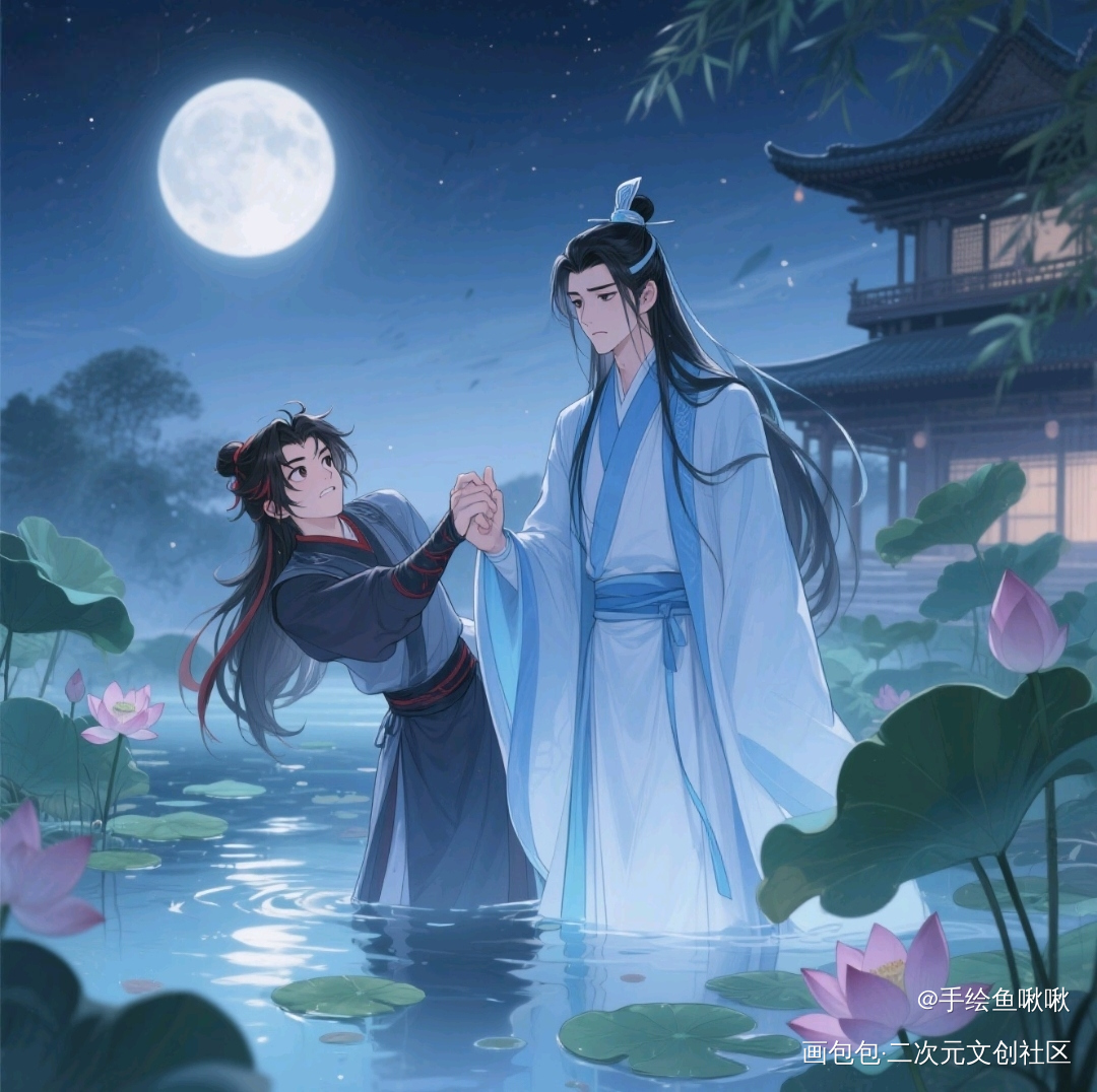 蓝湛羡羡鸳鸯戏水_画包包某某魔道祖师魏无羡·魔道祖师古风绘画作品