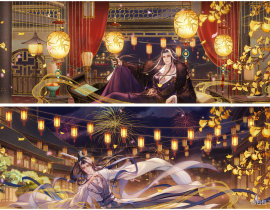【晏沈】剑挑烟花照夜明，风摇银杏落灯轻_绘画作品
