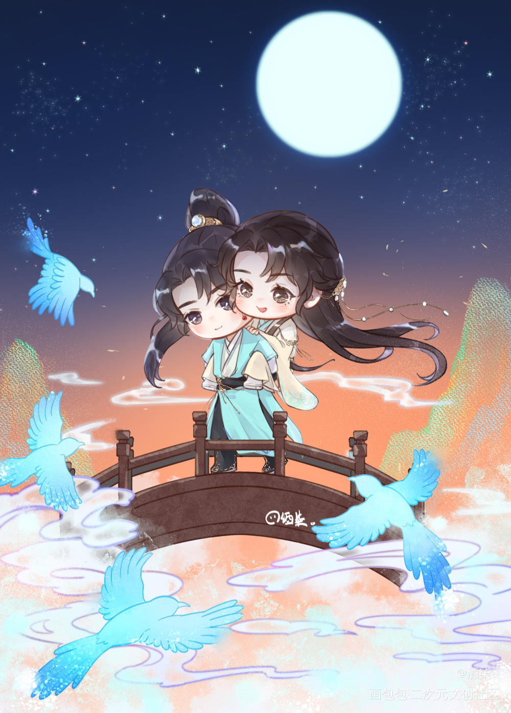 七夕_将进酒q版七夕贺图绘画作品