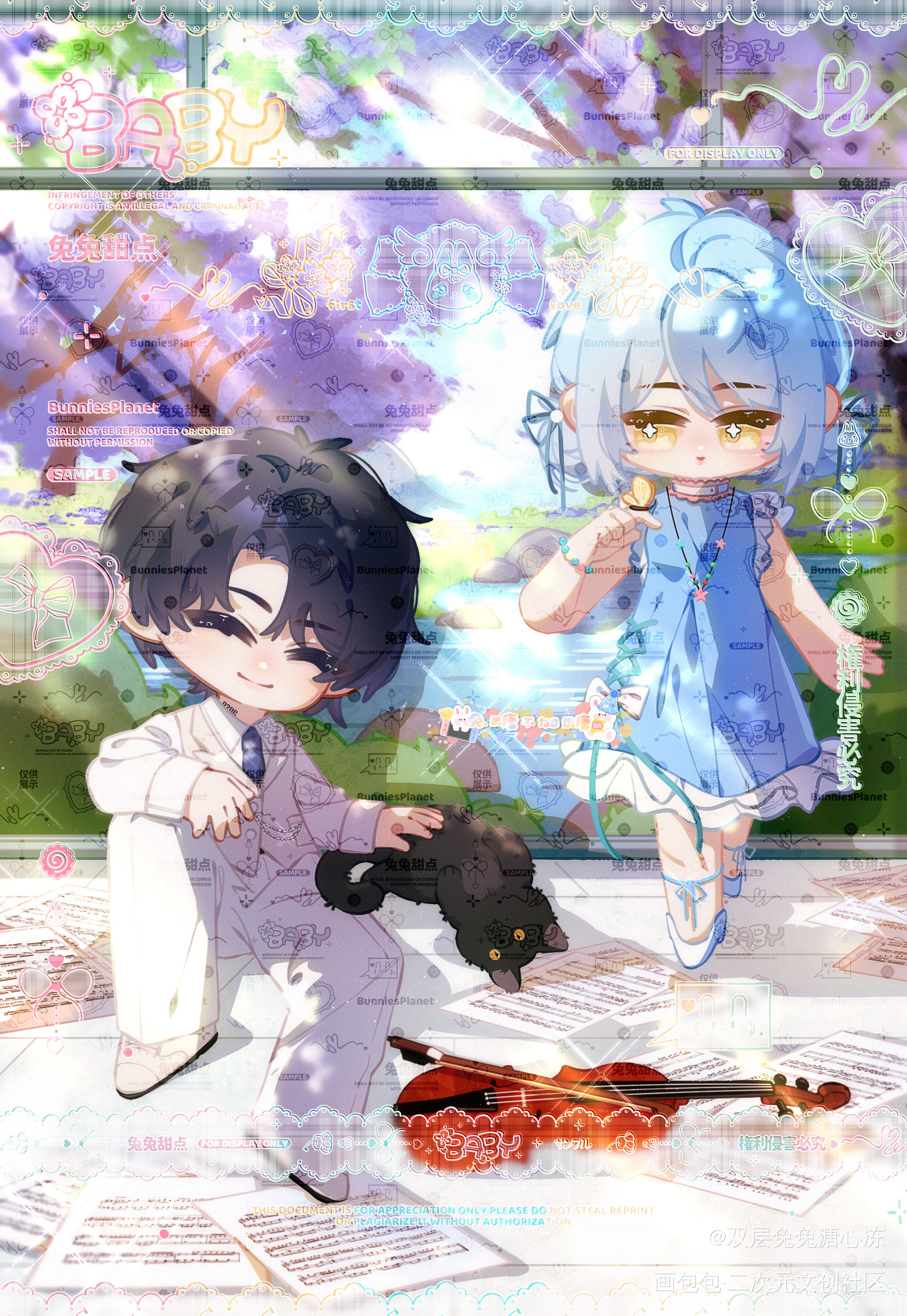 🐈‍⬛🎻更一张贴贴_Q版双人互动插画绘画作品