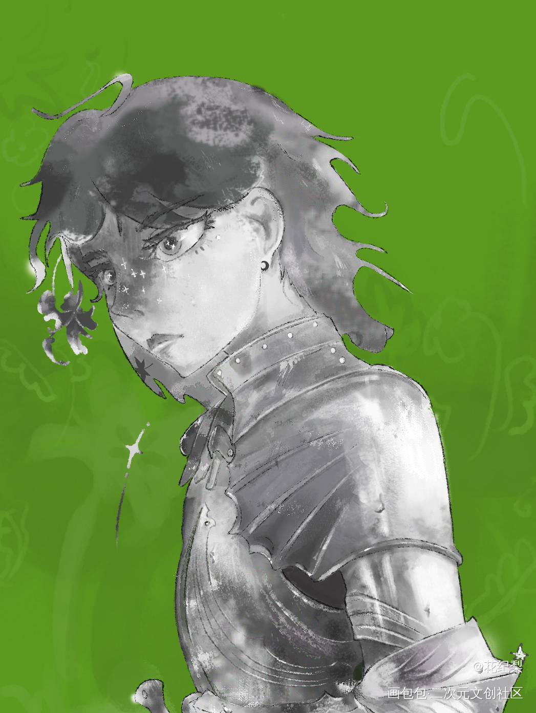骑士雕塑半身插画_人物练习黑白半身插画二次元板绘绘画作品